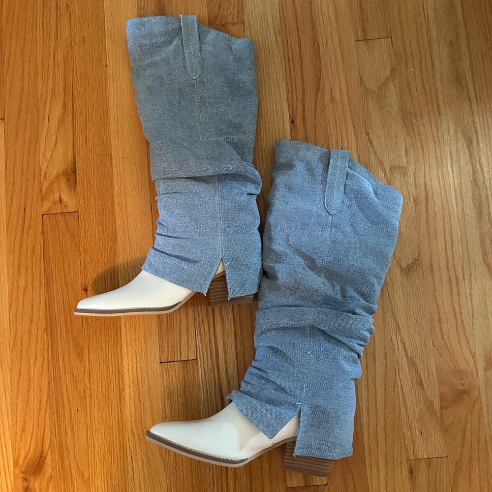 Blue Slouchy Denim Boots with White Pointed Toe